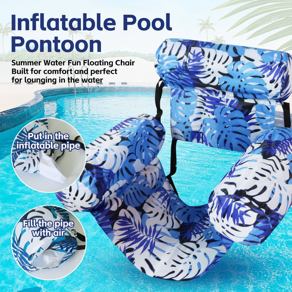 Inflatable pool pontoon with blue and white leaf pattern in a pool setting.