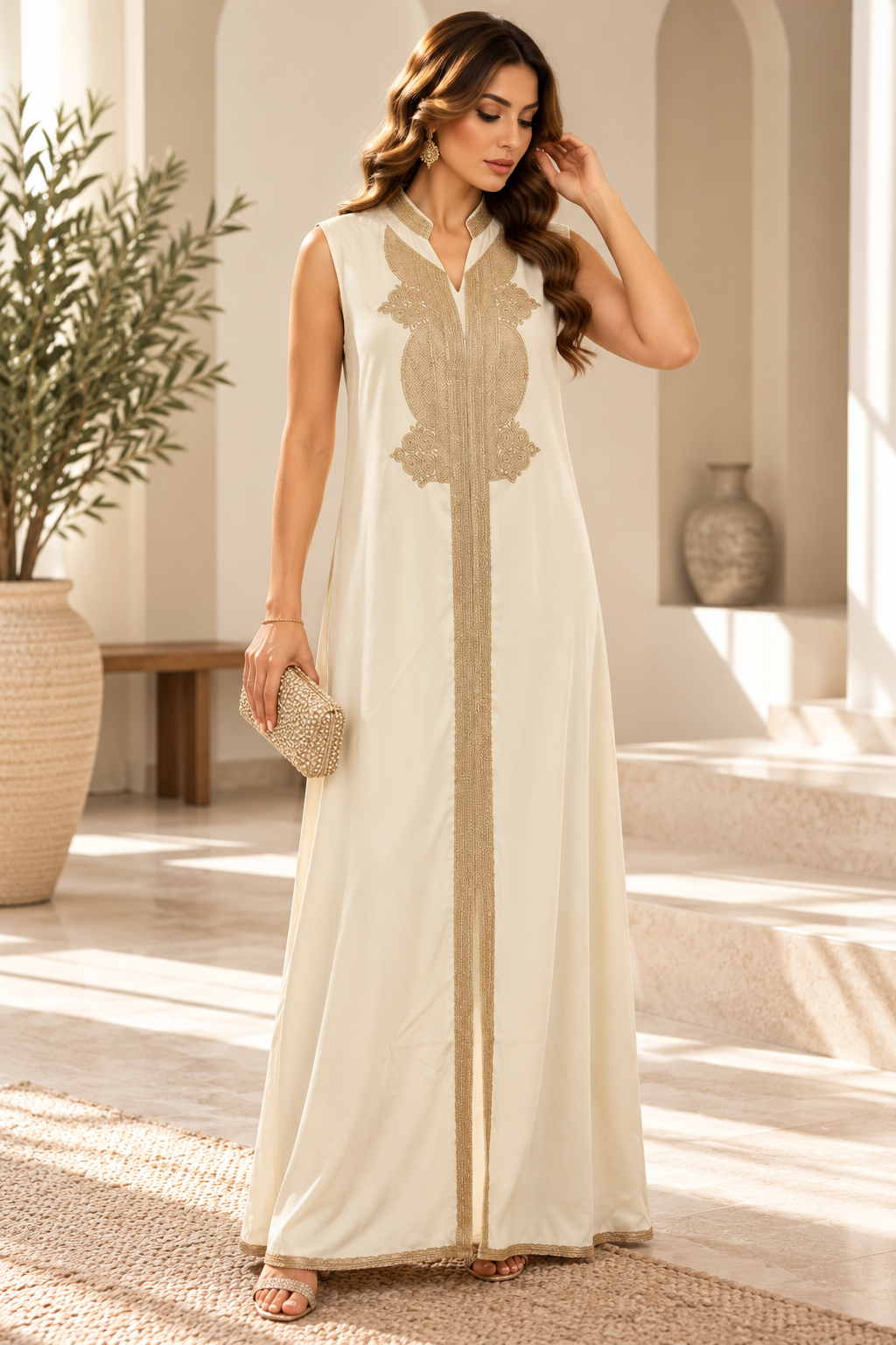 Woman in a long ivory sleeveless kaftan with a gold embroidered front panel in a sunlit room