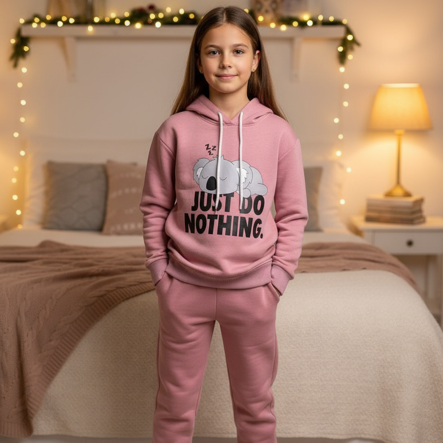 Dusty pink hoodie and joggers worn in a bedroom with warm fairy lights