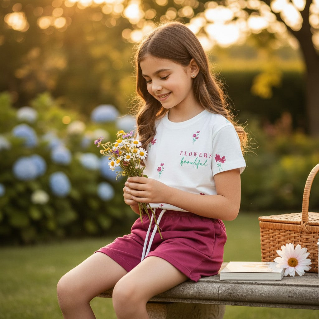 Young girl holding flowers in a garden with a sunset background