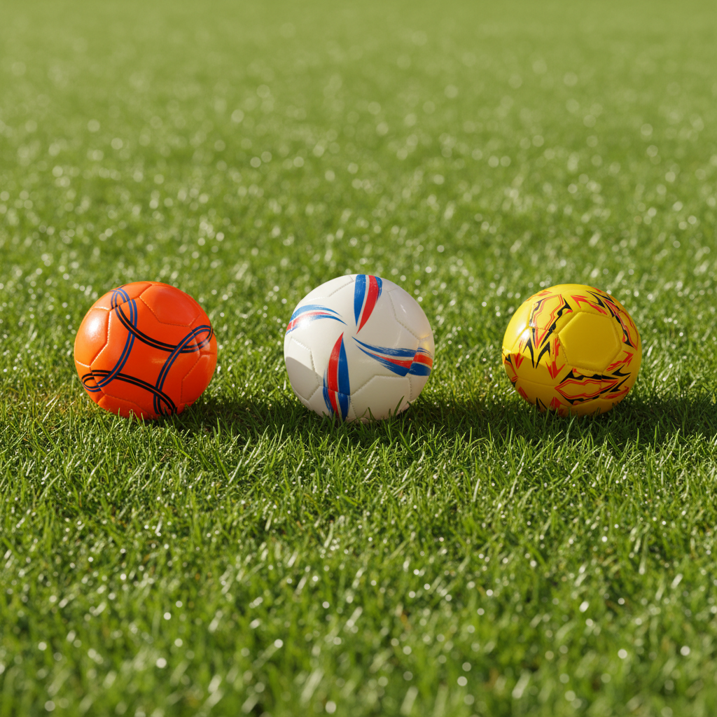 Three small footballs on grass in orange, white and yellow with bold printed graphics