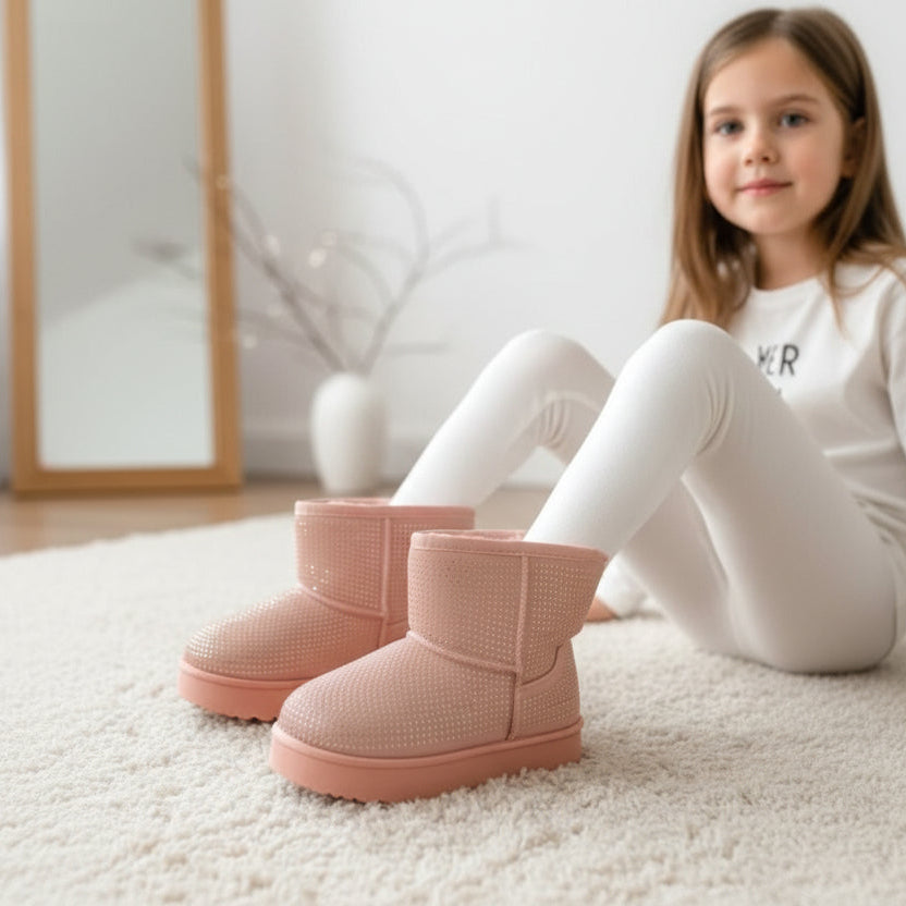 Pink plush winter boots worn with white leggings on a soft rug