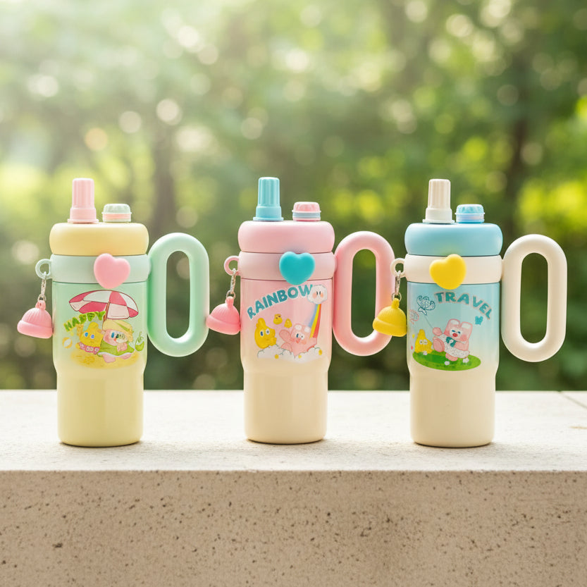 Four colorful children's sippy cups on a table with a store background.