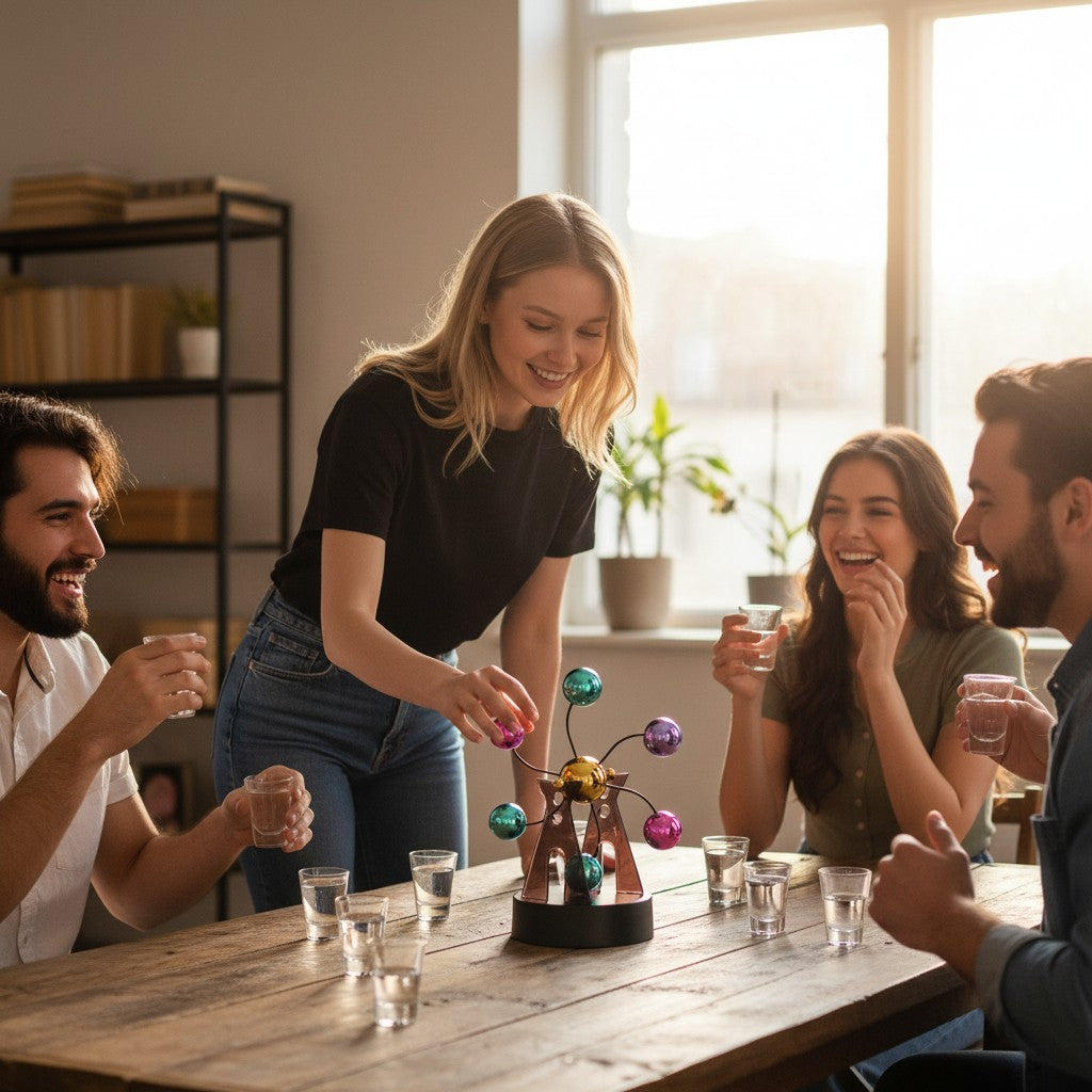 Person reaching for the kinetic desk gadget on a table surrounded by friends