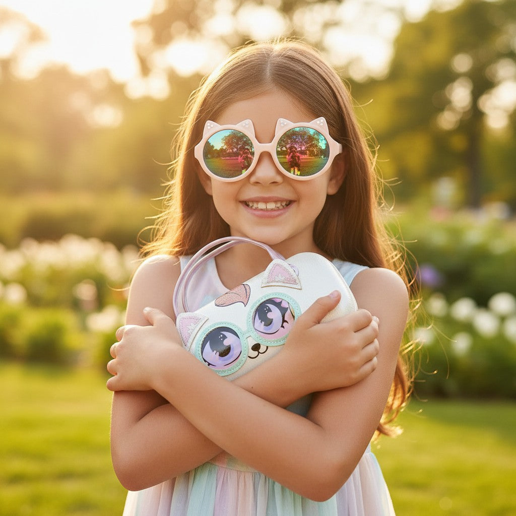 Kids sunglasses with round pale pink cat ear frames and a white cat face case with pink ears and a handle