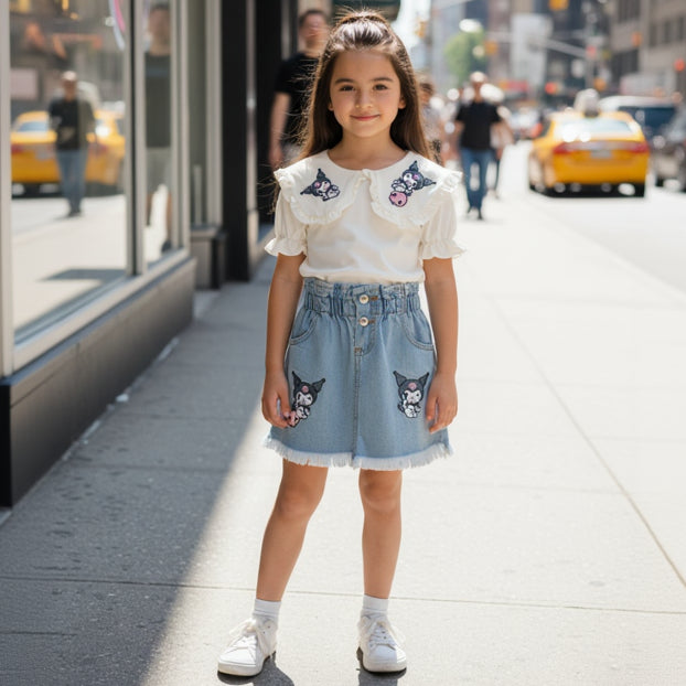 Girls Kuromi denim set, cream ruffle collar top with a light blue buttoned denim skirt