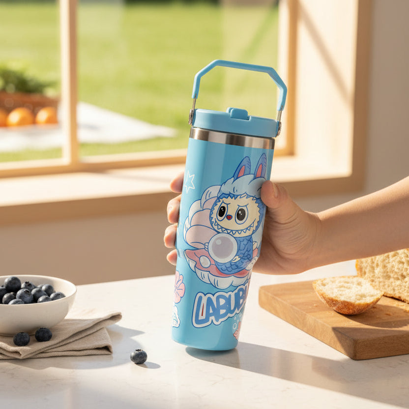Light blue Labubu tumbler with a bubblegum cloud print held at a counter