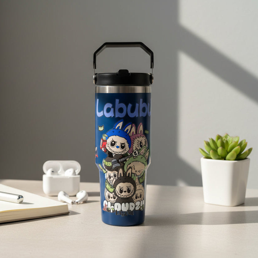 Navy Labubu tumbler with a stacked character print and a black carry loop
