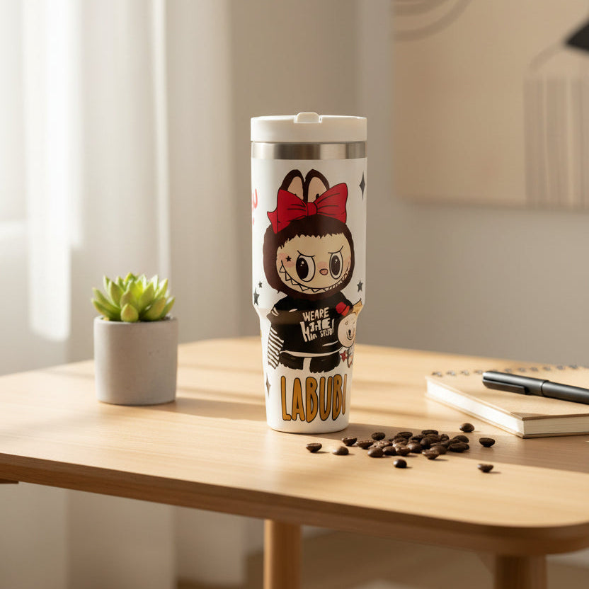 White Labubu tumbler with a red bow character print on a wooden table