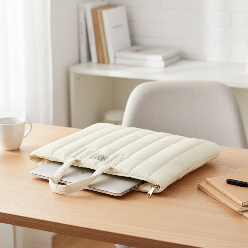 White laptop sleeve styled on a desk with a notebook and pen
