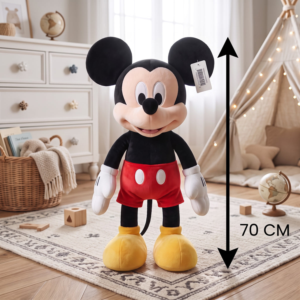 Large standing cartoon mouse plush in black, red and yellow on a patterned rug