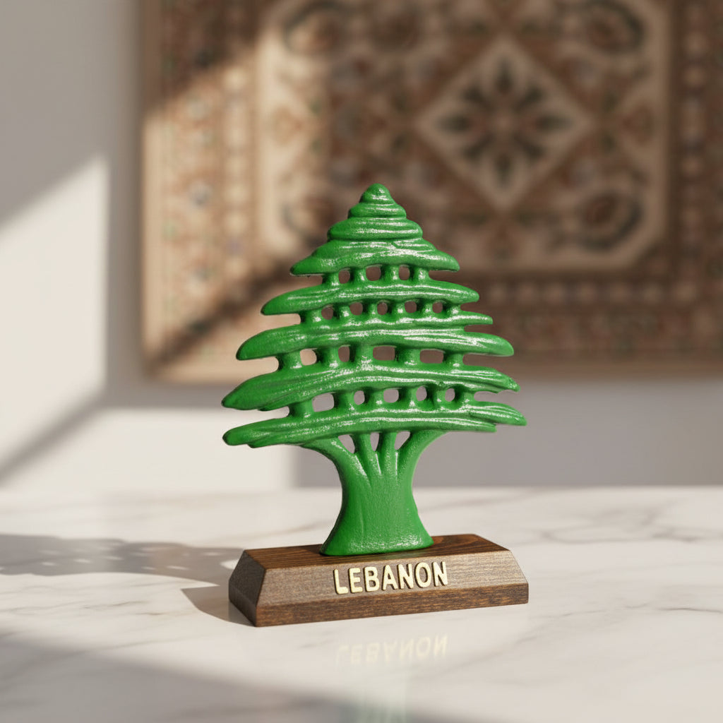Green open tier cedar tree statue on a dark wooden base lettered Lebanon