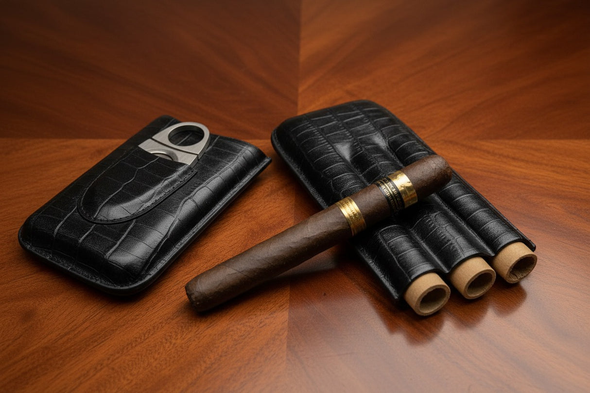 Cigar case with cigars and a cutter on a wooden surface