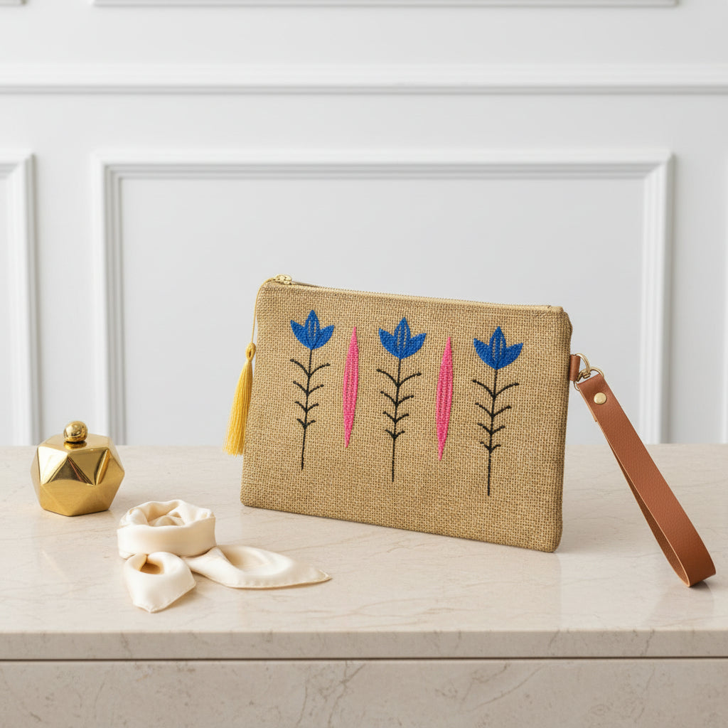 Jute zip pouch with the three tulips in royal blue, between pink leaf spears