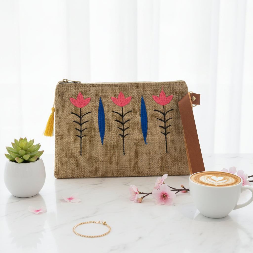 Jute zip pouch with the same three tulips in pink, between royal blue leaf spears
