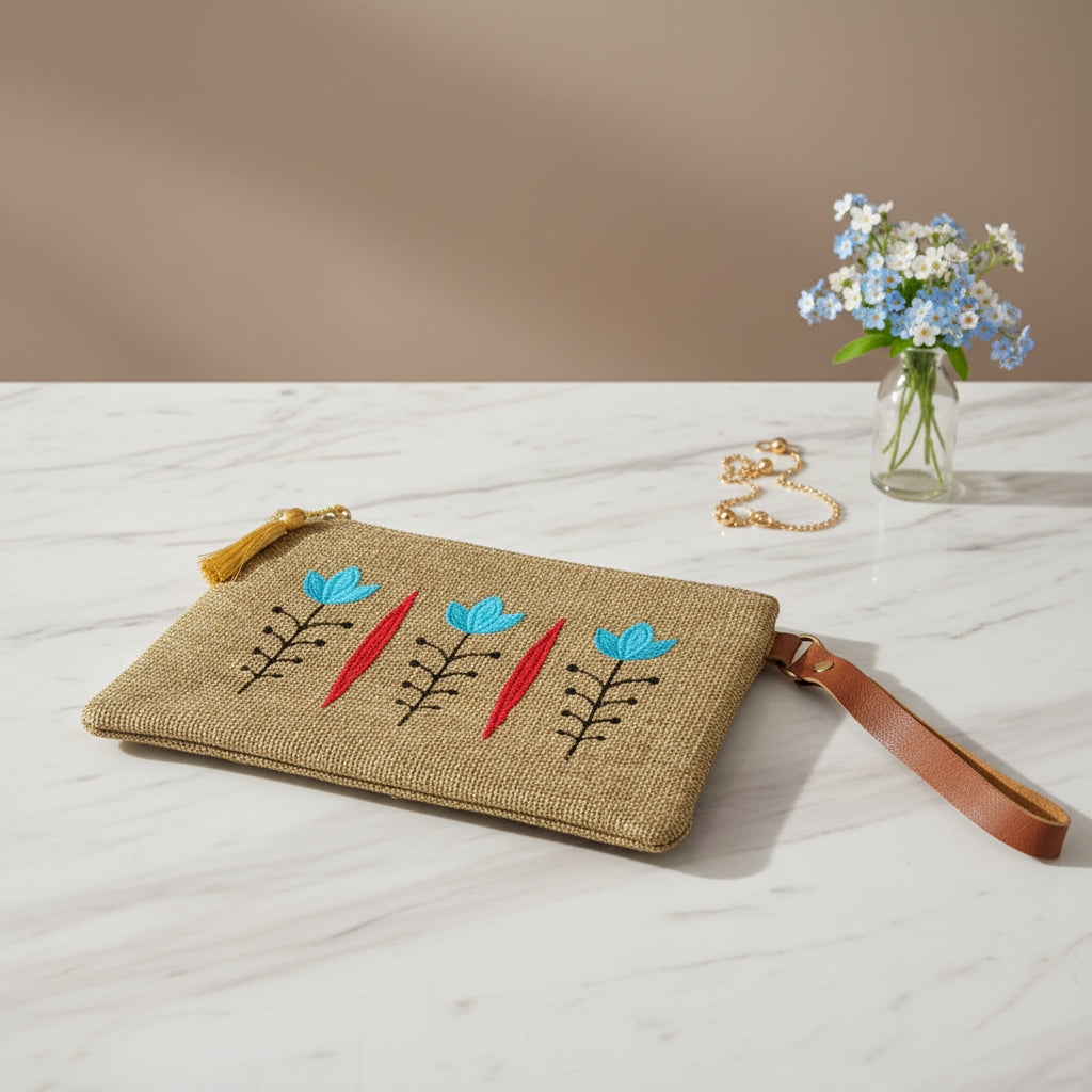 Jute zip pouch embroidered with three turquoise tulips on black stems and red leaf spears