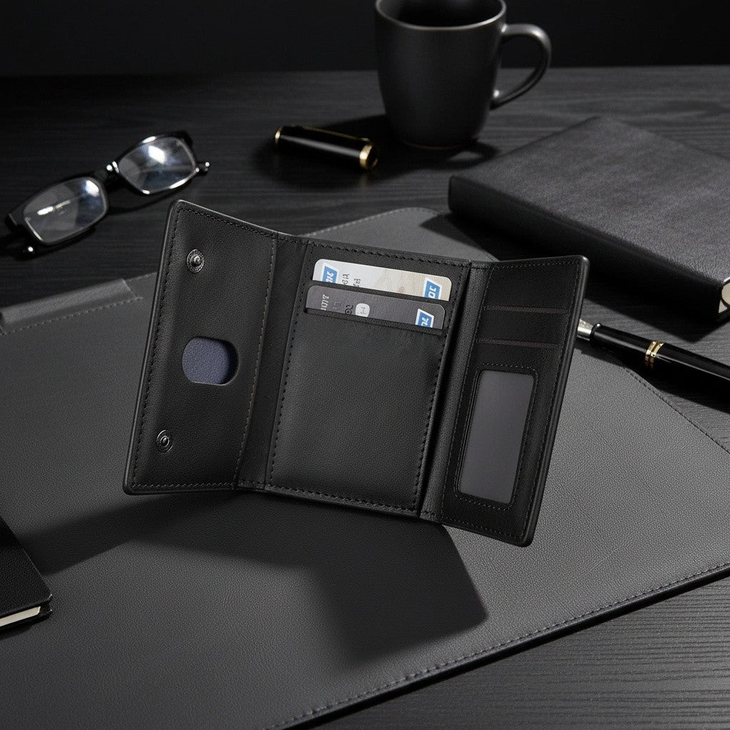 Black leather wallet with card slots on a dark surface with glasses, mug, and pen.