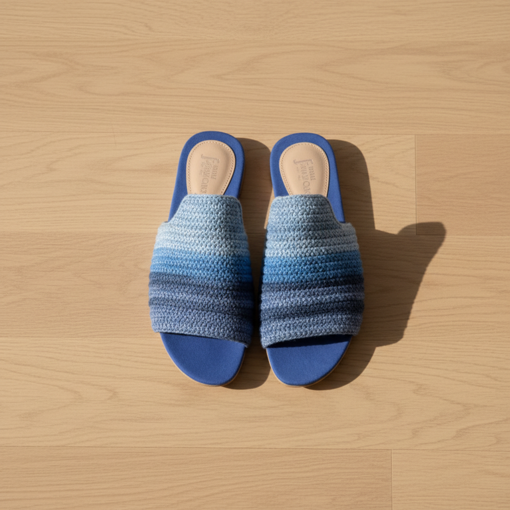 Pair of blue striped handmade slippers on a wooden surface