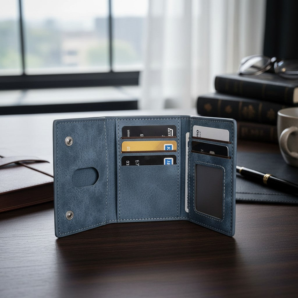 Blue wallet with card slots on a desk with a blurred background