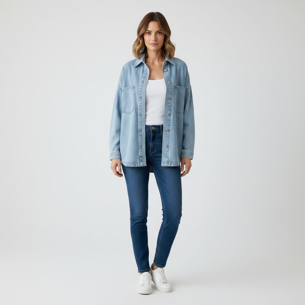 Woman wearing a light blue denim jacket and dark blue jeans on a white background