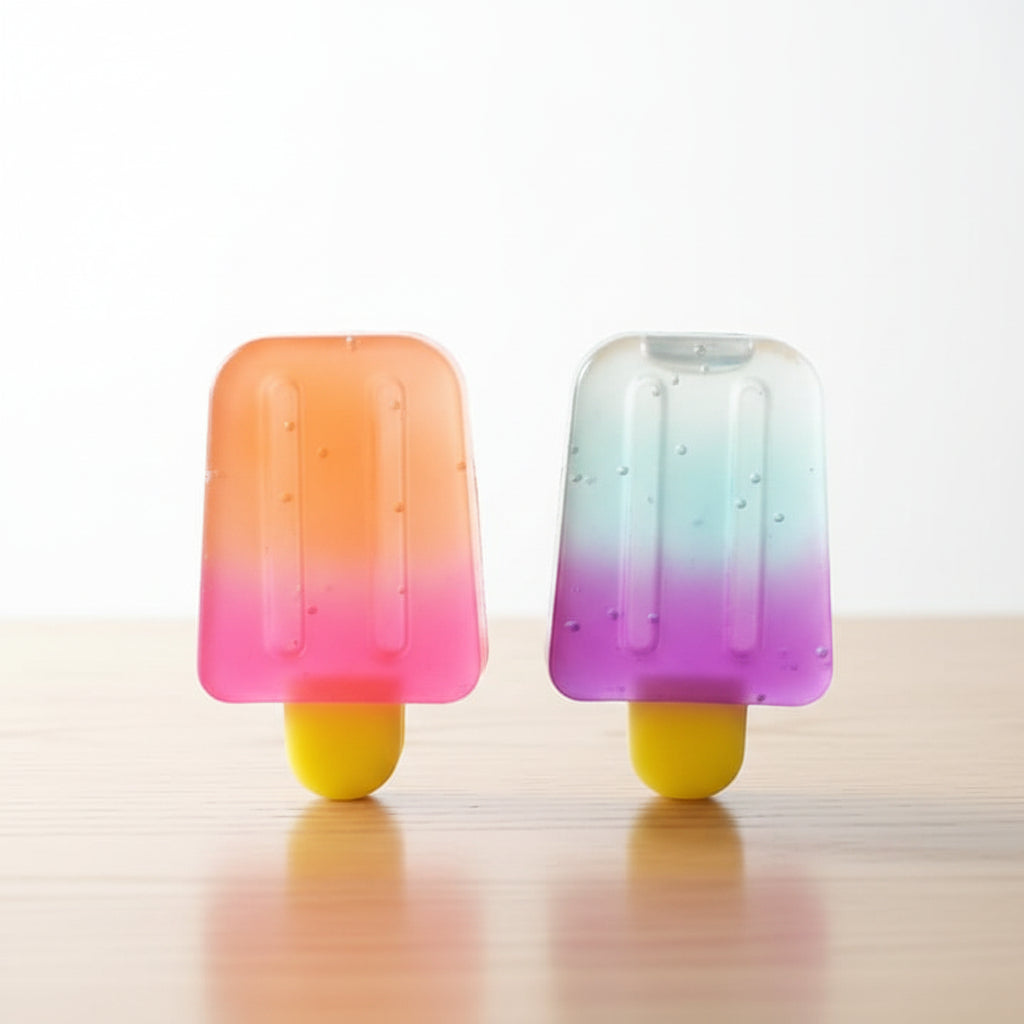Two small ice creams with in clear plastic packaging on a textured surface.