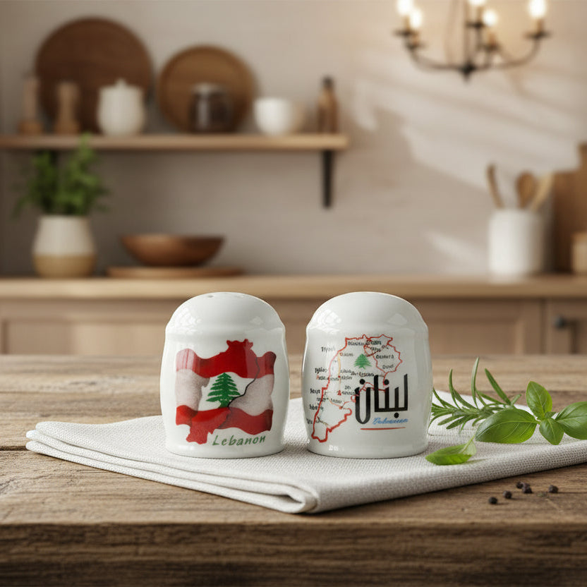 Two white porcelain salt shakers, one with a flag filled map and one with a fine city map