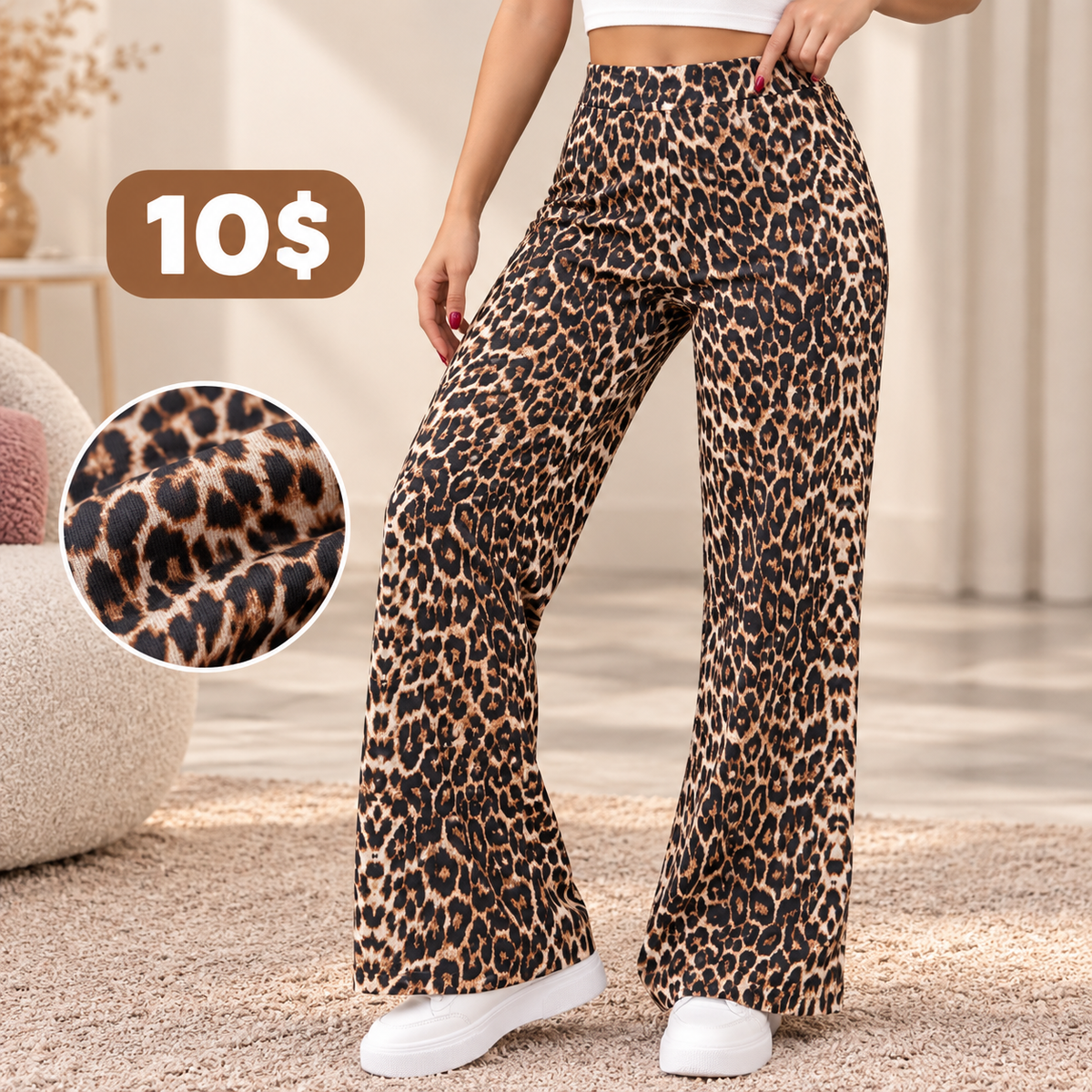 Leopard print high waisted wide leg pants worn with a white crop top and white trainers, with a fabric close up