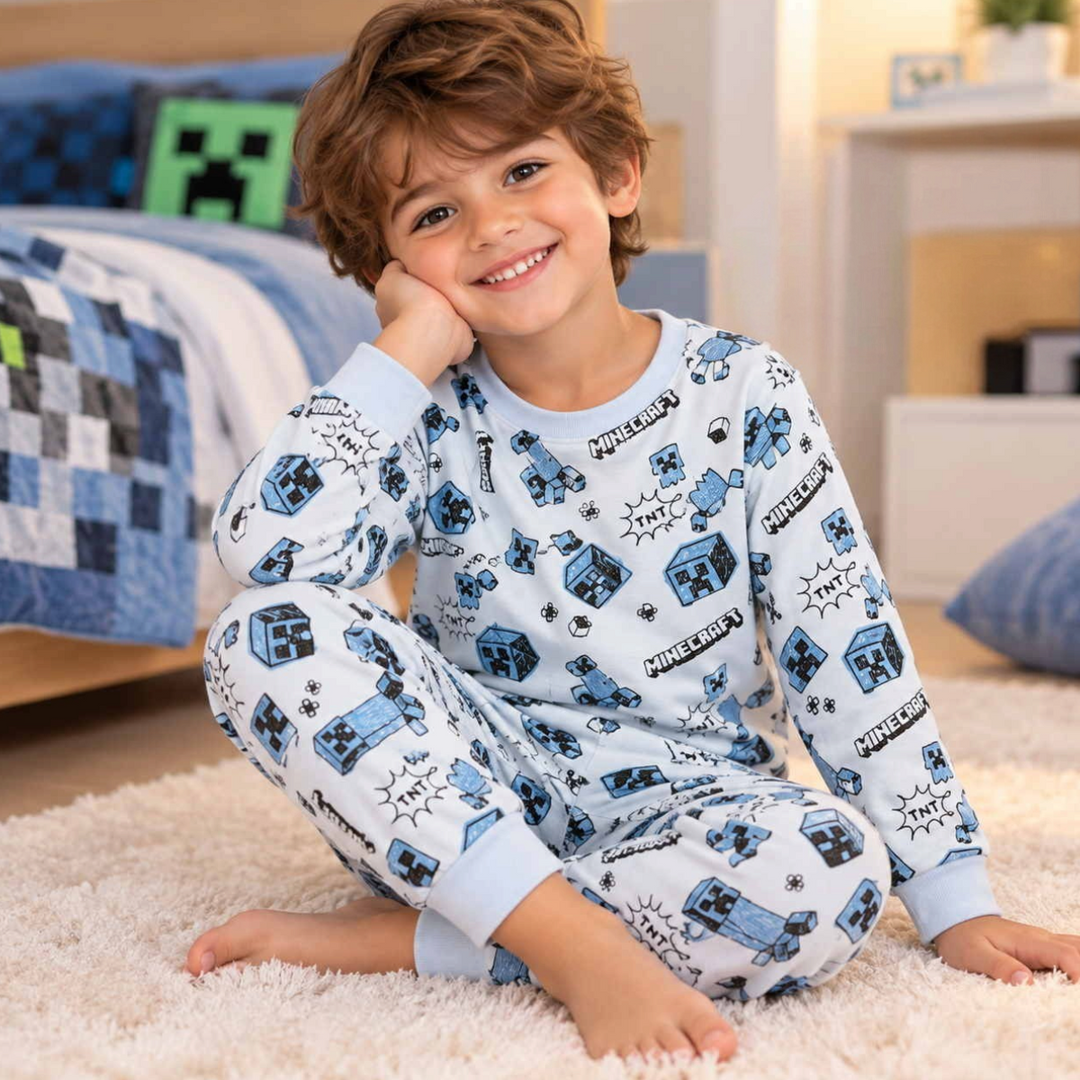 Boy in a light blue PJ set with a blue pixel game print, sitting on a fluffy rug by his bed