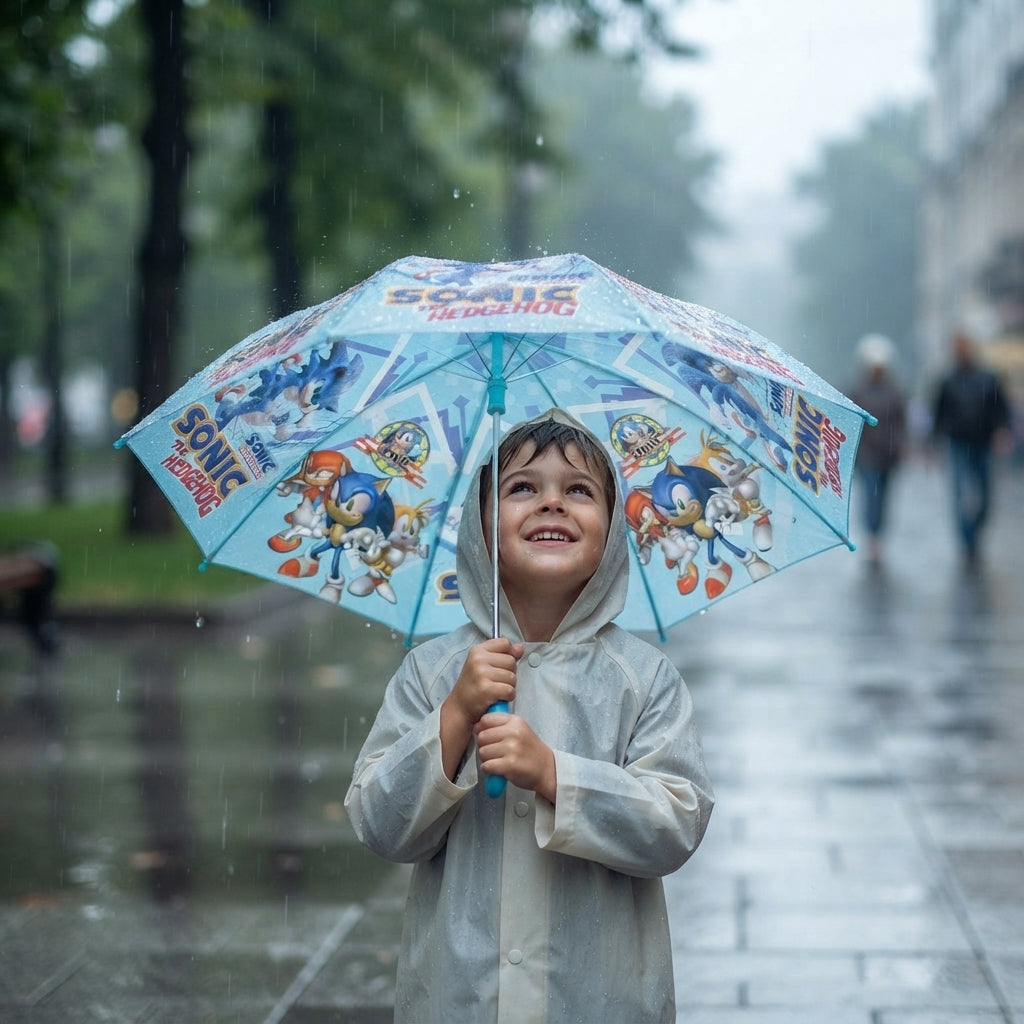 Smiling boy in a clear raincoat holding a light blue umbrella with Sonic character