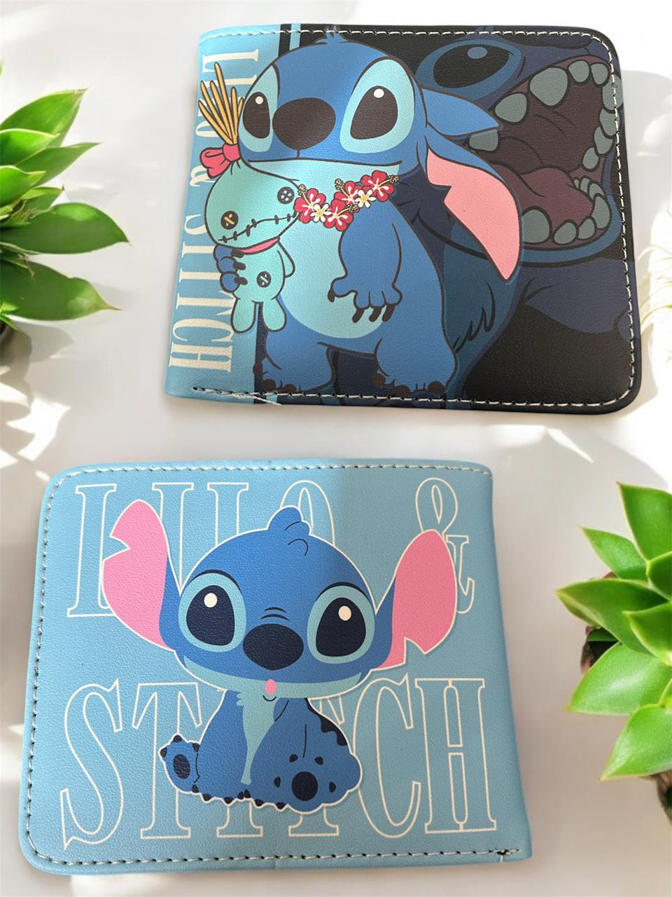 Sky blue bifold wallet next to its black back panel showing Stitch holding Scrump with a flower lei