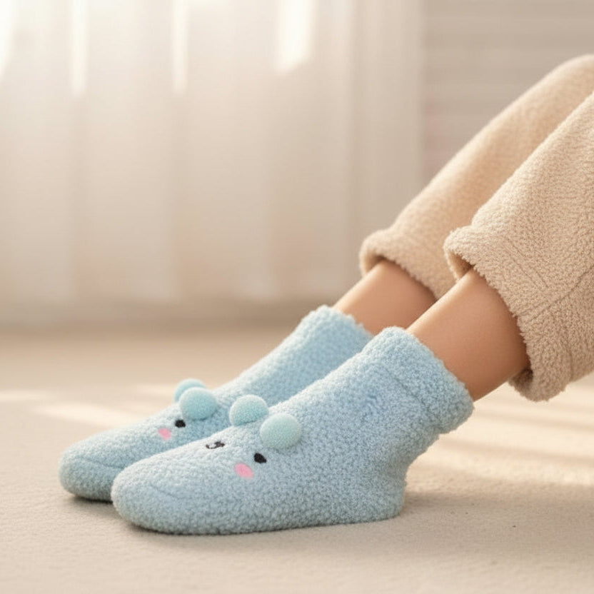 Light blue fuzzy socks with animal face design worn by a person on a neutral background