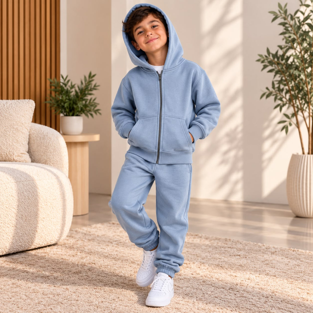 Boy in a light blue zip up hoodie with the hood up and matching blue joggers