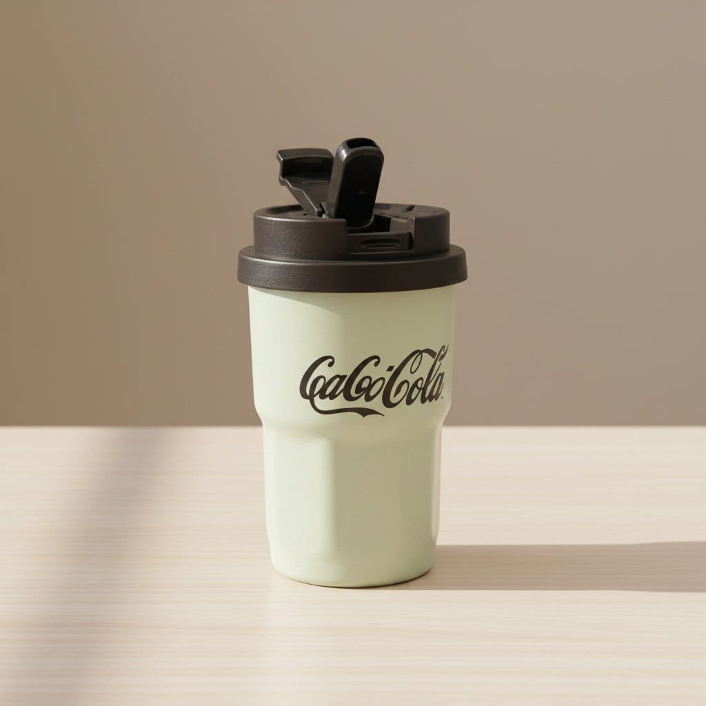 Light green Coca-Cola tumbler with black lid on a white surface, with clothing in the background.