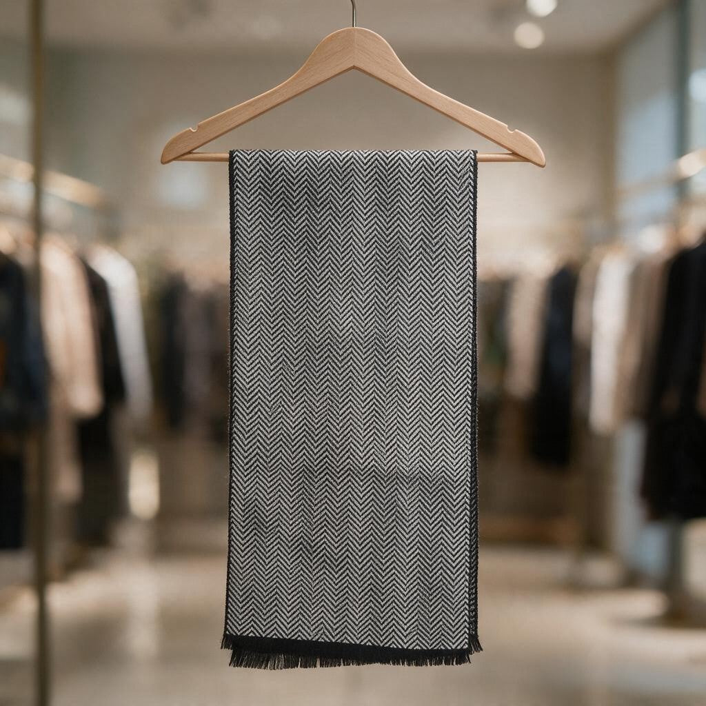 Light grey herringbone scarf with black fringed ends folded over a wooden hanger
