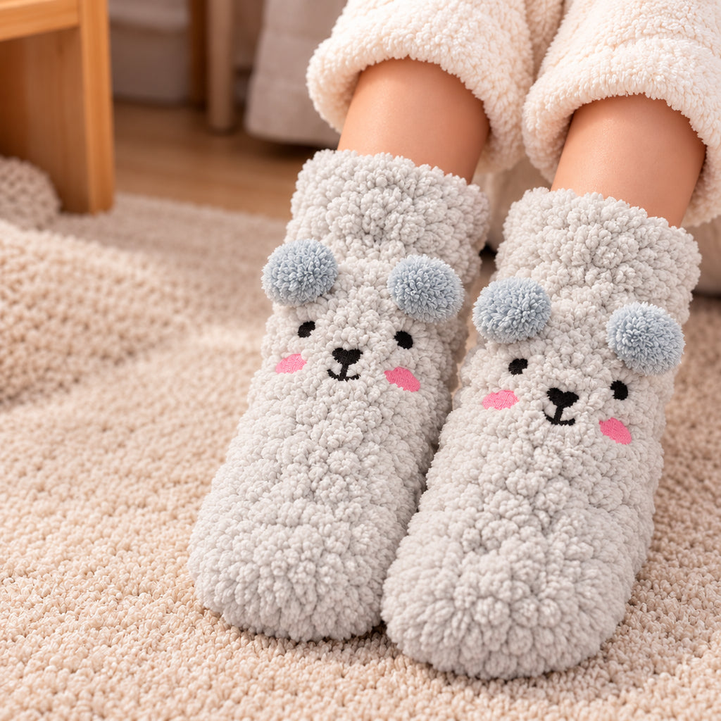 Light grey fuzzy kids socks with a smiling bear face and grey pom pom ears, worn on a rug