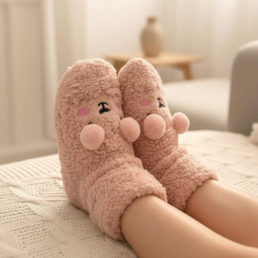 Pink cartoon-style socks worn indoors on a soft surface