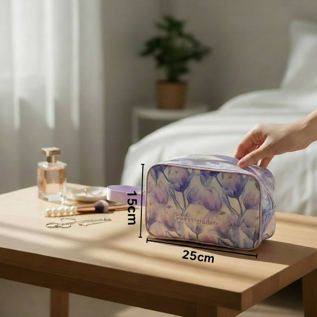 Hand holding a light purple floral cosmetics pouch on a table with measurements 15x25cm, next to a bottle of perfume and jewelry