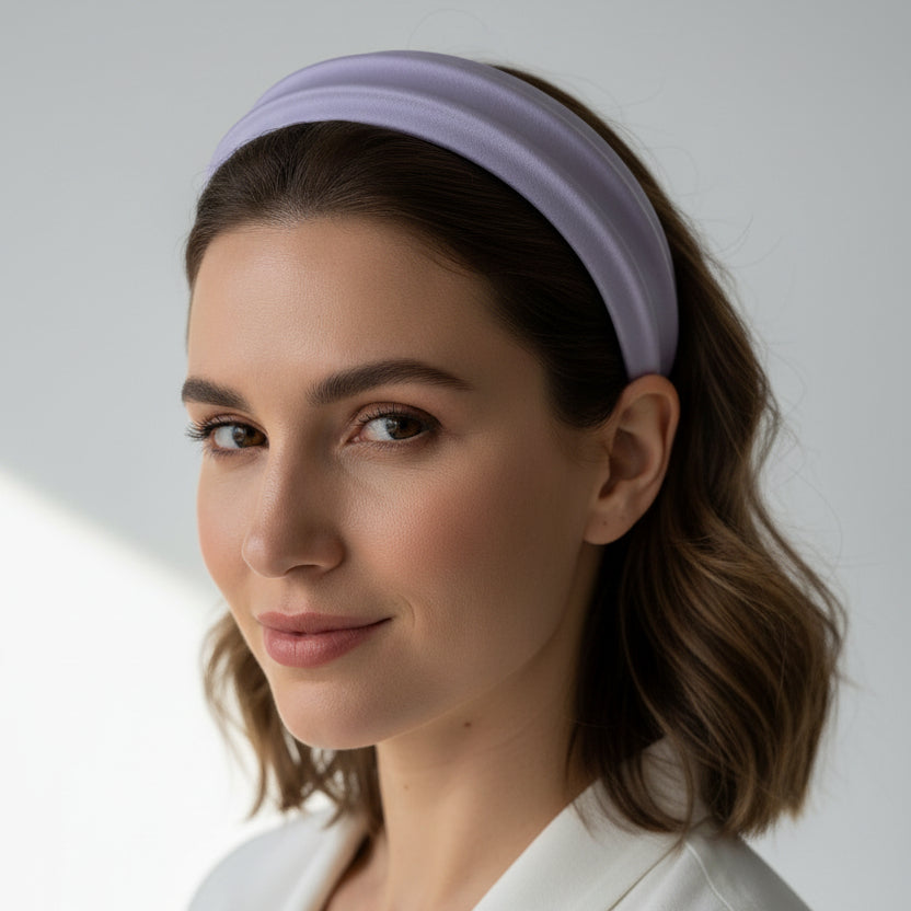 Light purple matte headband worn with a soft bob, smooth satin finish