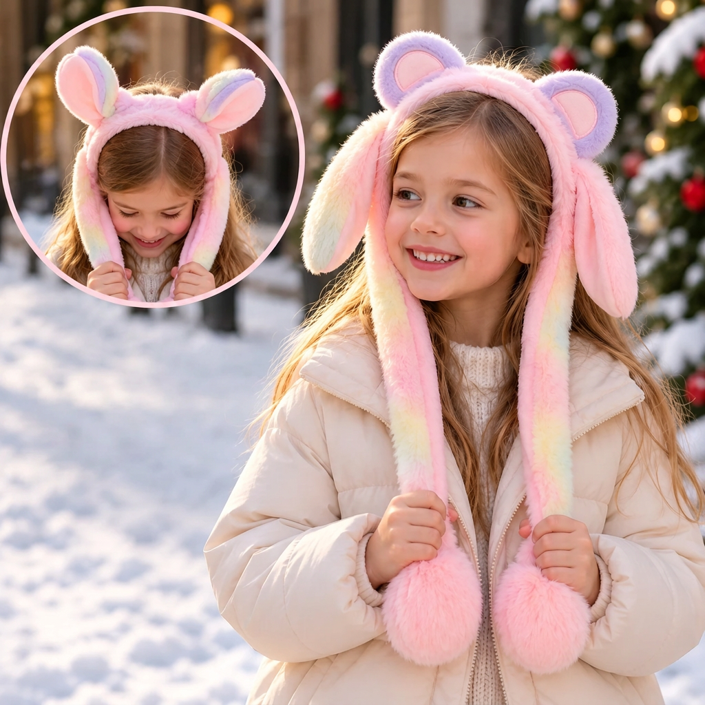 Girl in a cream coat wearing a lilac and pink ombre ear headband with fluffy pink pom poms
