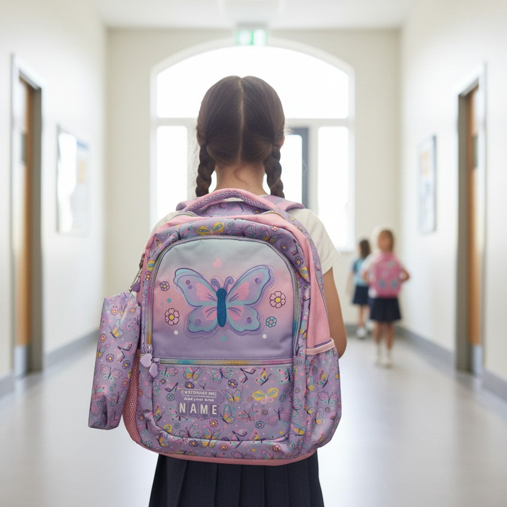 Girl wearing a lilac butterfly print school backpack with pencil case, Jack Gifts Online Lebanon
