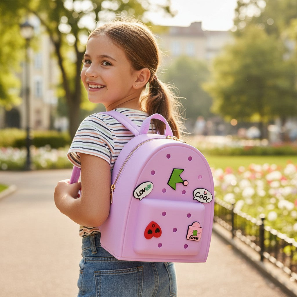 Smiling girl carrying a glossy lilac jelly backpack decorated with arrow, heart and speech bubble charms
