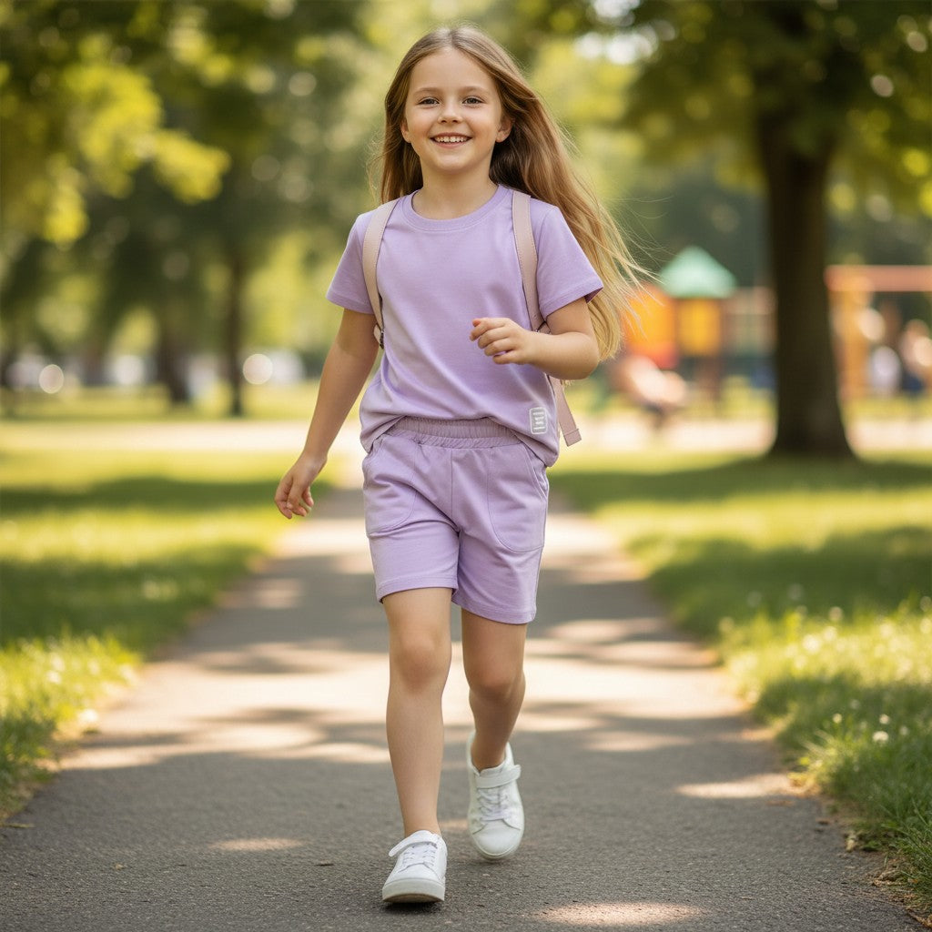 Girl walking in plain lilac tee and matching shorts set, Jack Gifts Online Lebanon