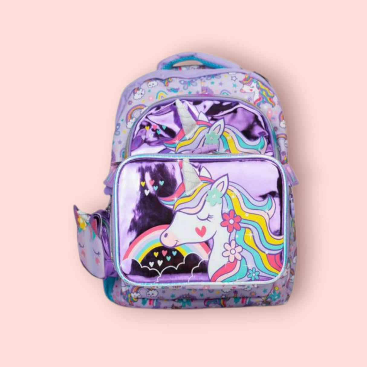 Top of the lilac unicorn backpack with metallic front pocket and rainbow print