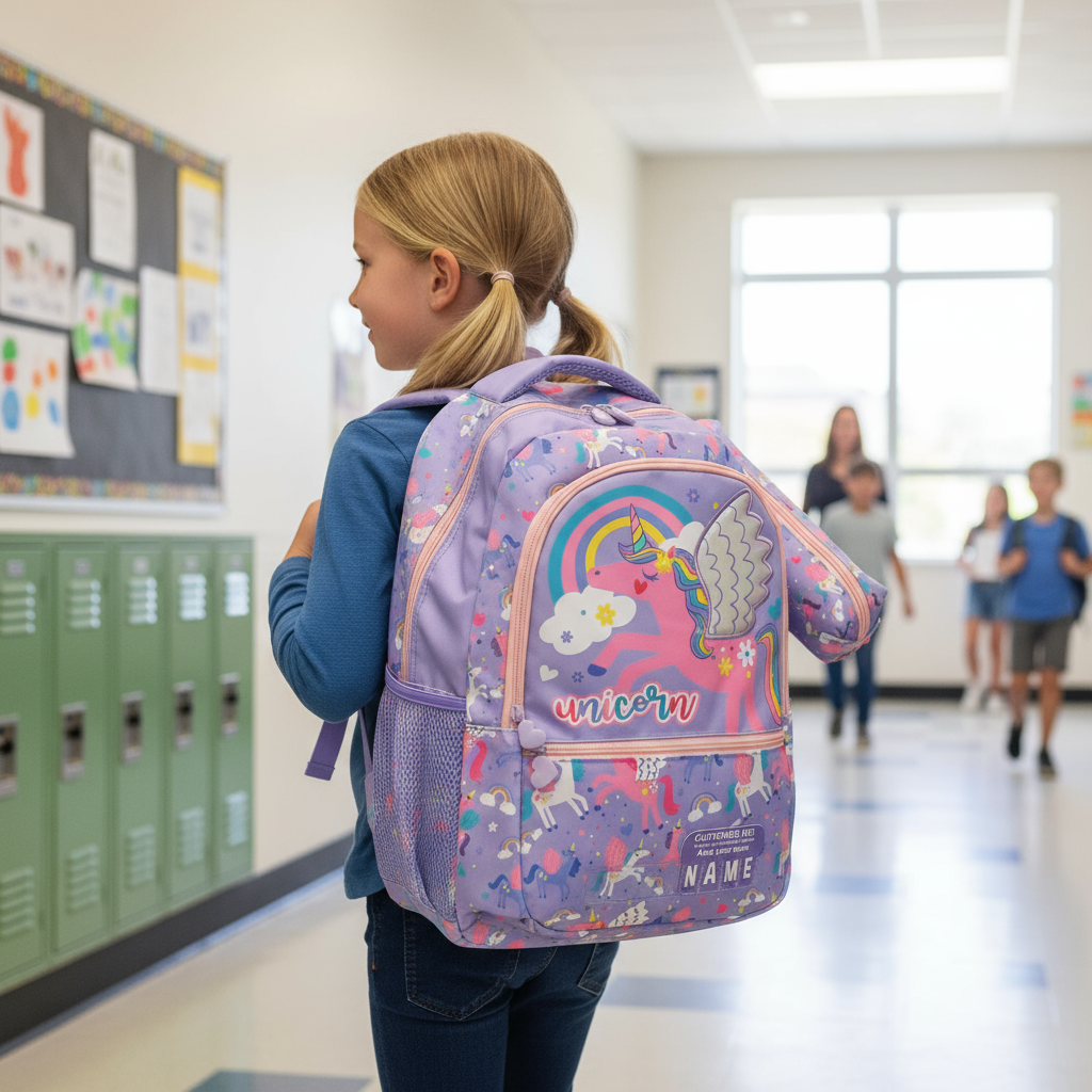 Girls lilac unicorn backpack with glitter wings, rainbow print and pencil case