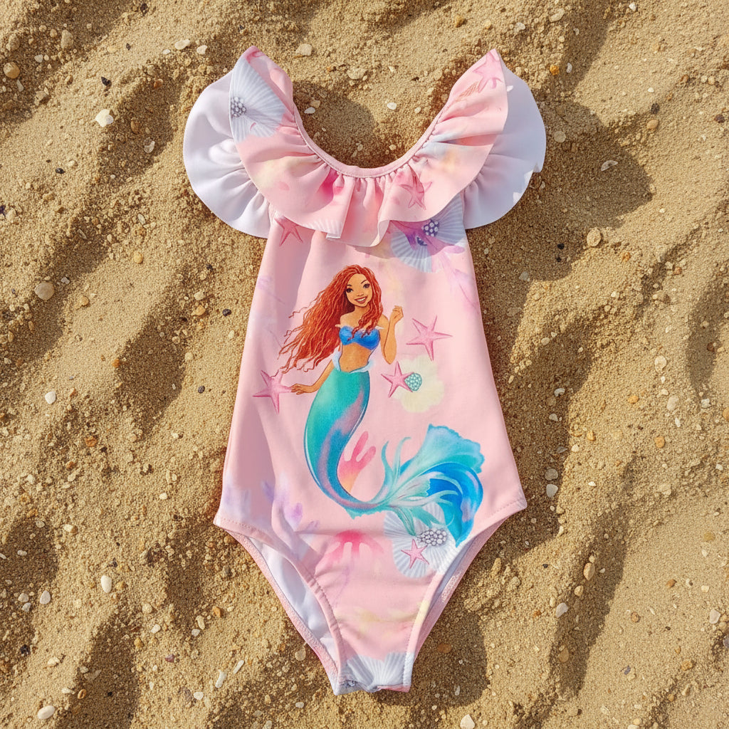Pink mermaid-themed swimsuit with ruffled sleeves on the sand
