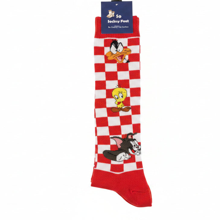Single red and white checkered kids sock laid flat with Daffy Duck, Tweety and Sylvester