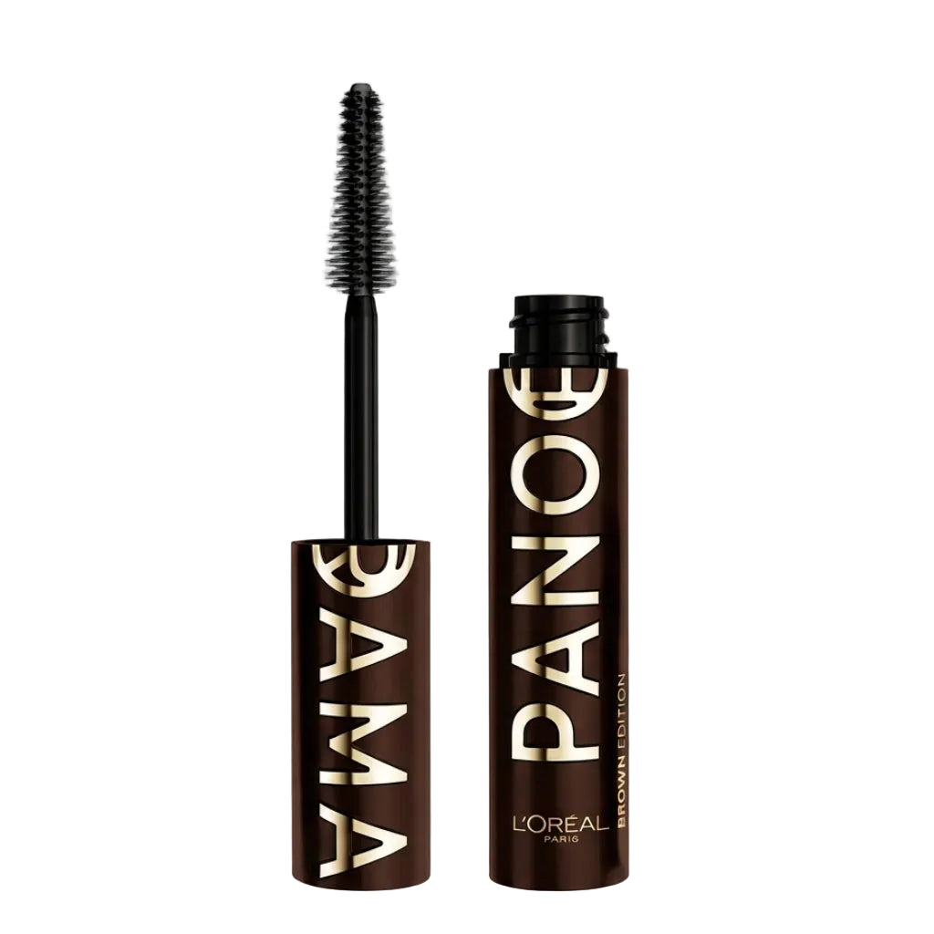 L'Oreal Paris Panorama mascara in a brown tube with gold lettering and a black tapered wand