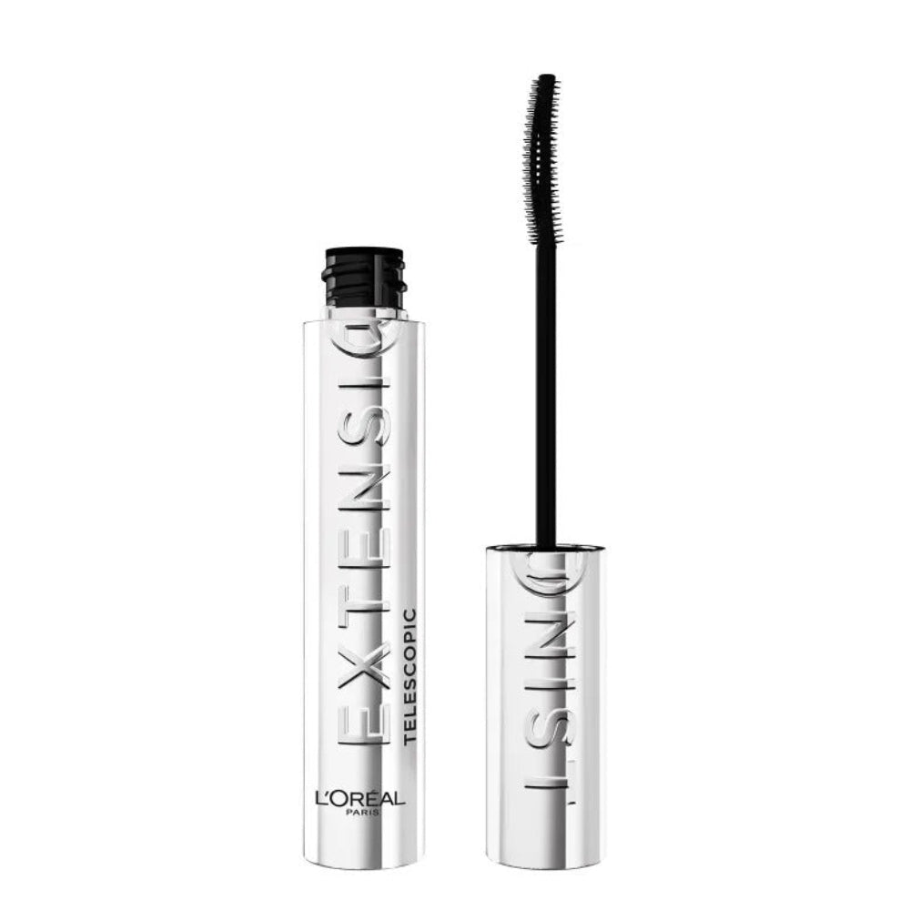 Silver L'Oreal Paris Telescopic mascara tube next to its slim curved black brush wand