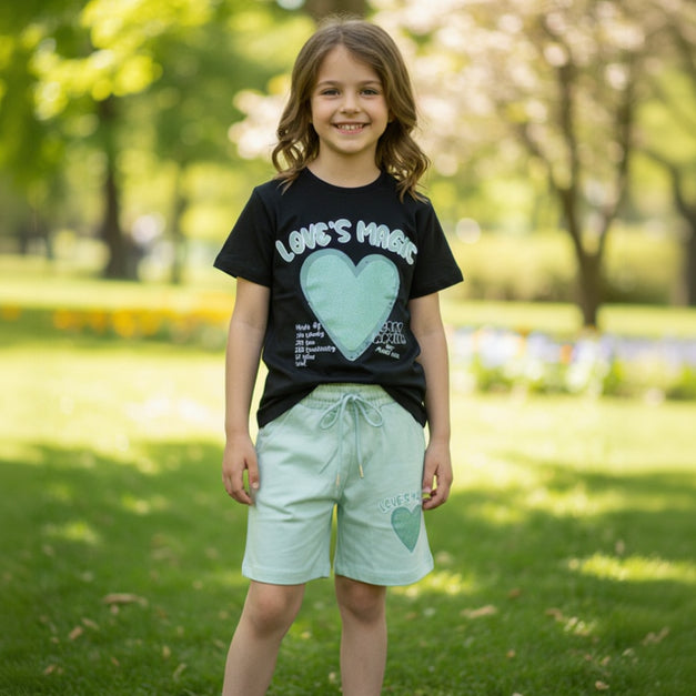Black tee with mint heart graphic and matching mint shorts