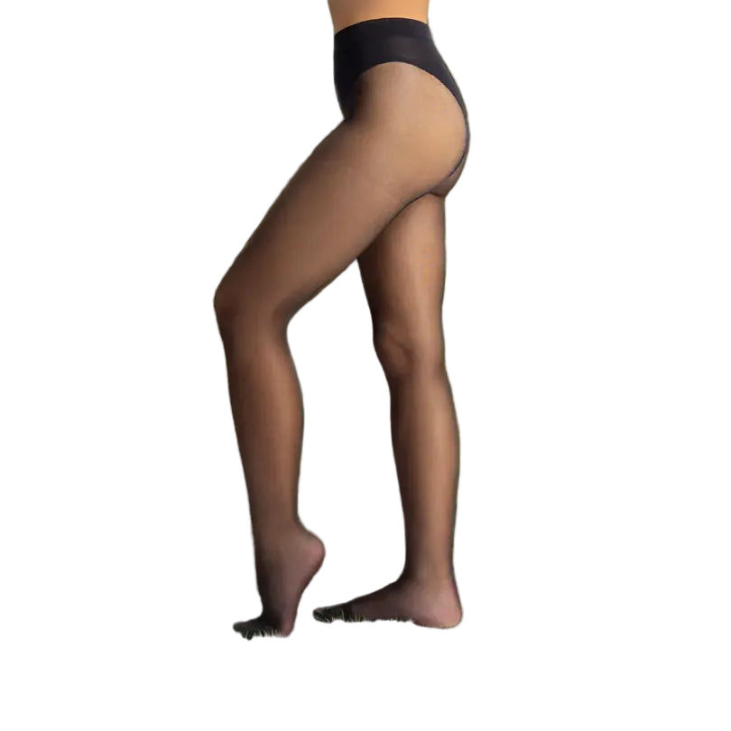 Sheer black tights worn by a model on a white background